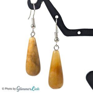 Polished Yellow Jasper Teardrop Silver Tone Dangle Earrings